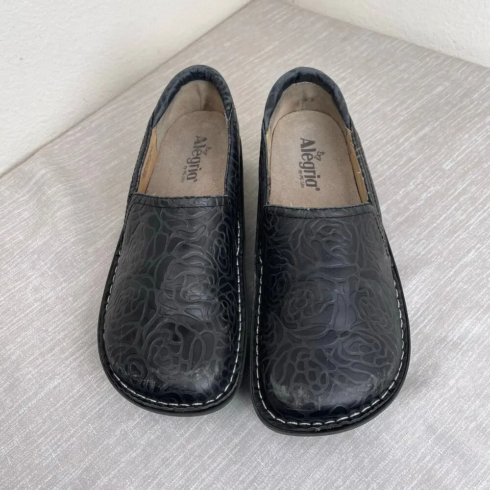 Alegria Women Black Floral Embossed Leather Slip On Comfort Shoes Size 41